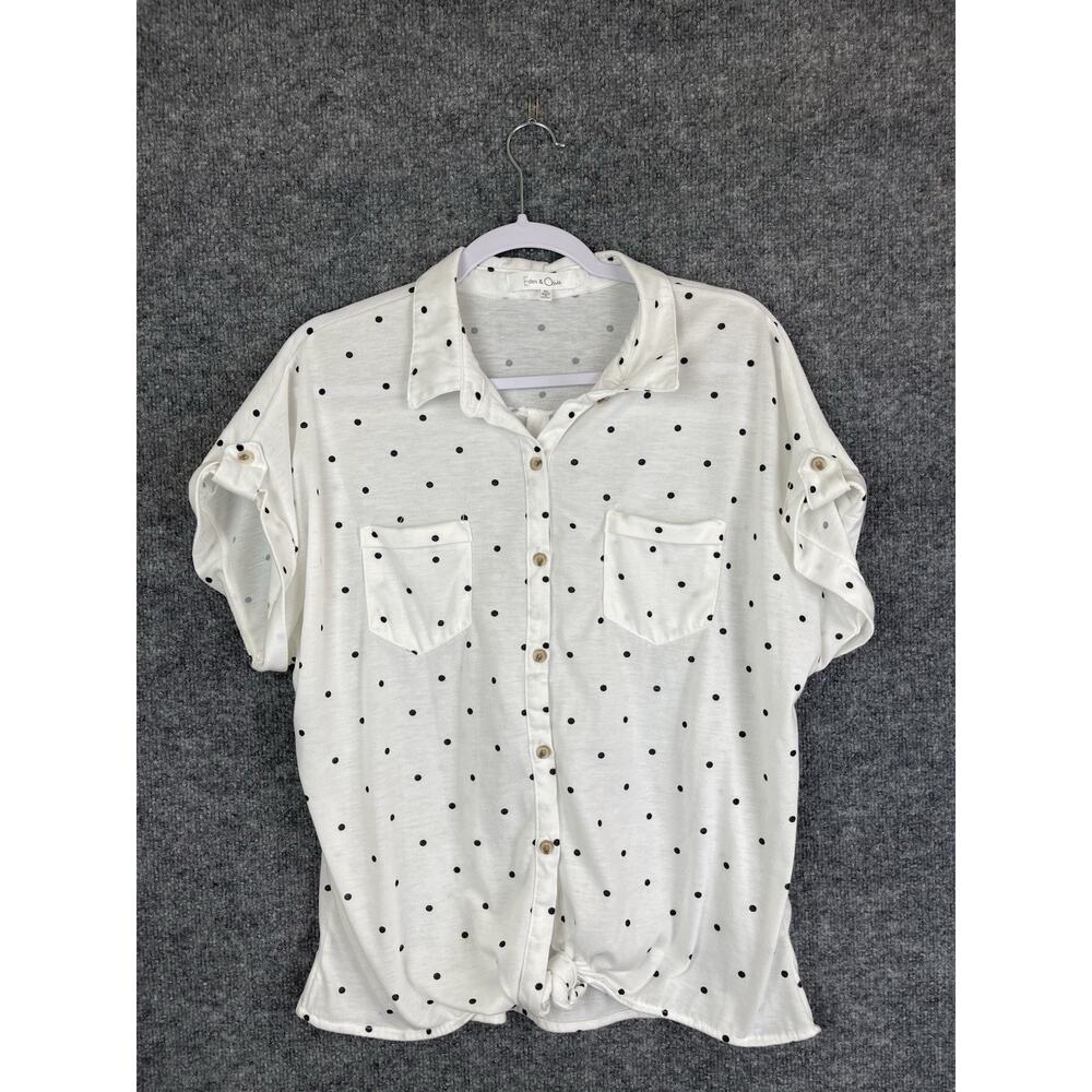 Eden & Olivia Top Women's XL White Black Poka dots Dutton Down Tye Waist